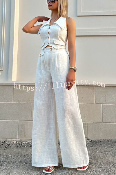 Memorable Crush Linen Blend Patchwork Vest Top and Pocket Wide Leg Pants Set