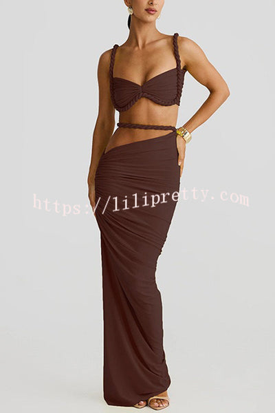 Sexy Halter Back Braided Suspender Top and Beach Holiday Style Hip-wrapped Maxi Skirt Set