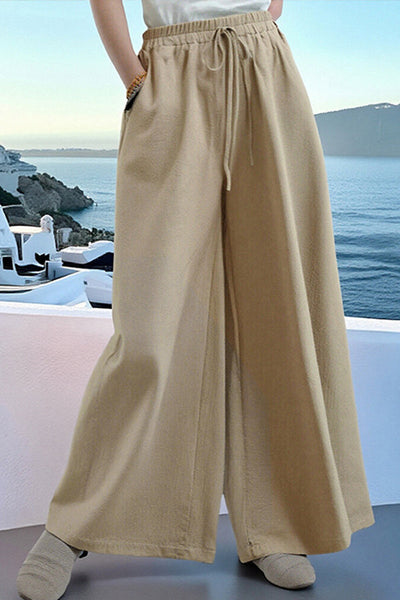 Solid Color Elastic High Waist Pocket Loose Wide Leg Pants