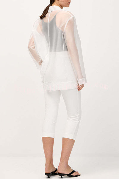 Simple and Light See-through Fabric Tie-up Long Sleeve Pocket Lapel Blazer