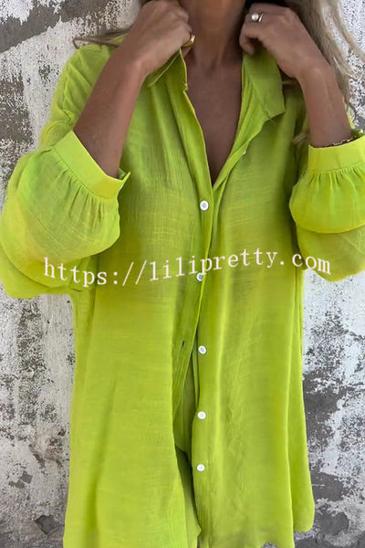 Solid Color Casual Lapel Long Shirt and Elastic Waist Loose Pocket Shorts Set