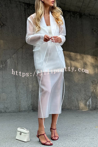 Simple and Light See-through Fabric Mid Rise Pencil Slit Midi Skirt