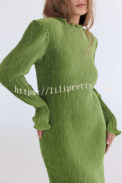 Hansin Satin Pleated Fabric Long Sleeve Wavy Trim H-line Slit Midi Dress