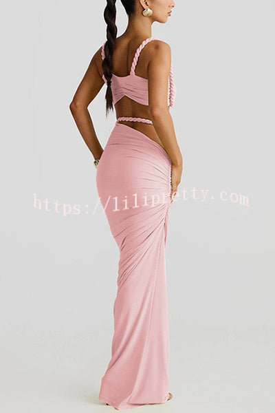 Sexy Halter Back Braided Suspender Top and Beach Holiday Style Hip-wrapped Maxi Skirt Set
