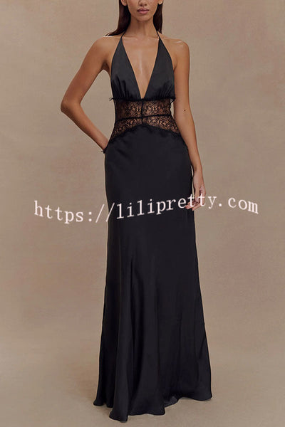 Romantic Sexy Satin Lace Waist Halter Maxi Dress