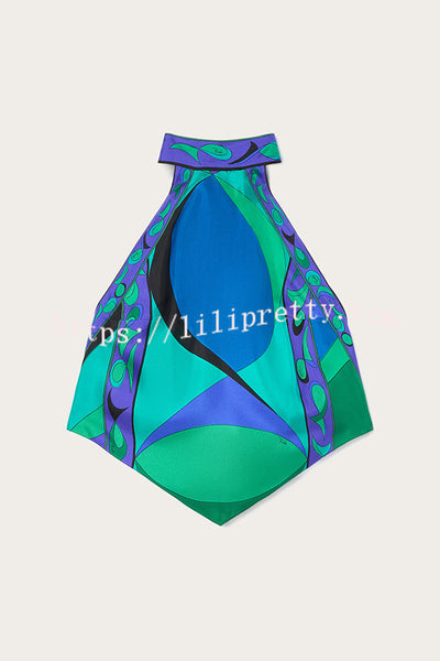 Gabbie Satin Unique Print Halter Scarf Tank and Asymmetrical Maxi Skirt Set