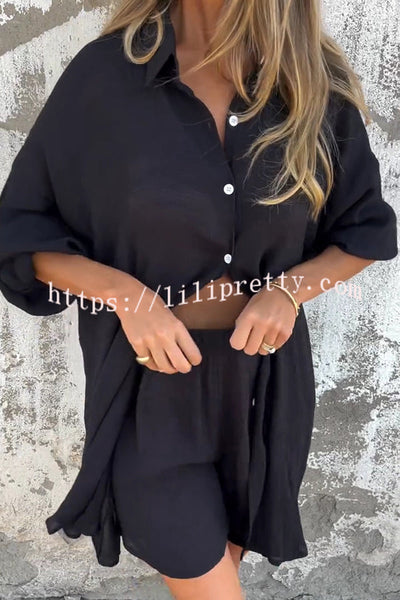 Solid Color Casual Lapel Long Shirt and Elastic Waist Loose Pocket Shorts Set
