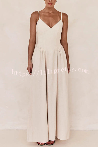 Piper Linen Blend V-neck Line Pocketed Slip Maxi Dress