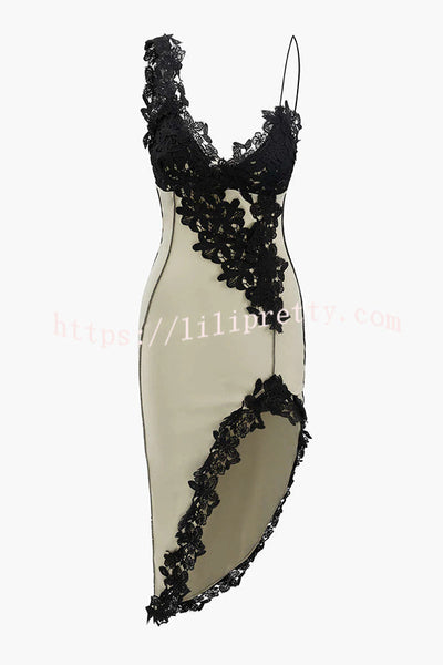 Sexy Lace Paneled Deep V Suspender Slim Midi Dress