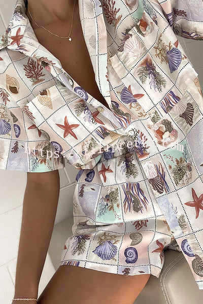 Sea Shell Linen Blend Unique Print Loose Button Shirt and Elastic Waist Pocket Shorts Set