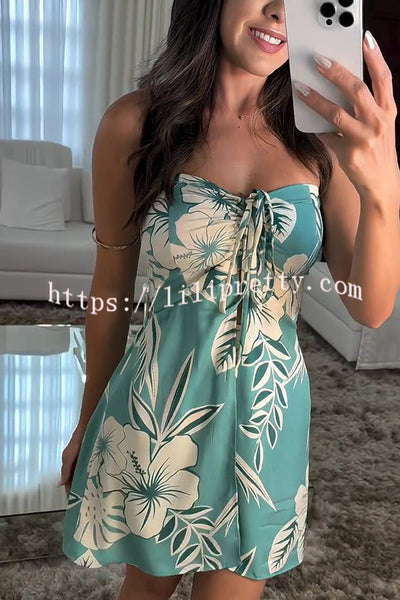 Floral Print Sexy Bandeau Drawstring Top and Elastic Waist Pocket Shorts Set