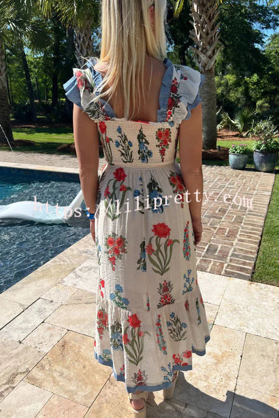 Glandon Linen Blend Flower Print Smocked Ruffle Strap Midi Dress