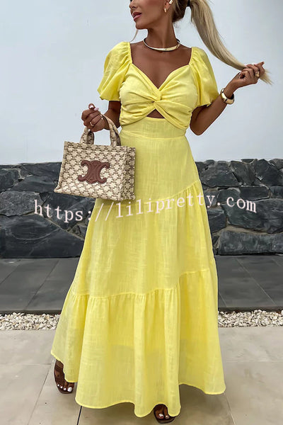 Solid Color Hollow Backless Puff Sleeve Maxi Dress