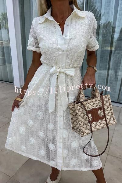 In A Dreamland Rose Embroidery Textured Fabric Belt Shirt Midi Dress