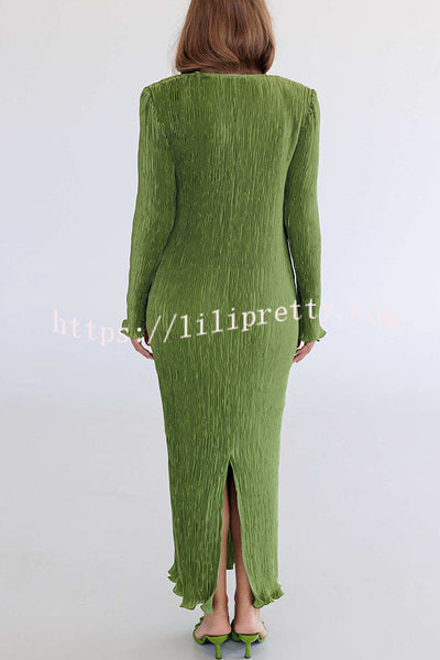 Hansin Satin Pleated Fabric Long Sleeve Wavy Trim H-line Slit Midi Dress