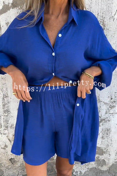 Solid Color Casual Lapel Long Shirt and Elastic Waist Loose Pocket Shorts Set