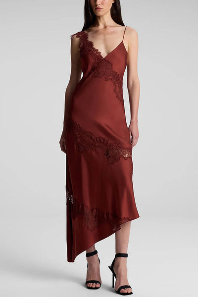 Sexy Lace Stitching Suspender V-neck Asymmetrical Maxi Dress