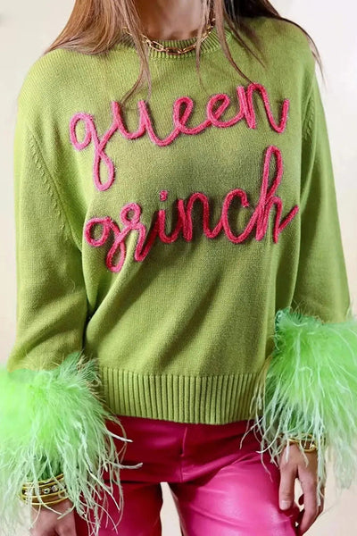 Green Grinch Christmas Feather Sleeve Loose Fit Sweatshirt