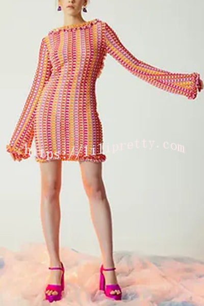 Ruffled Backless Long-sleeved Wavy Striped Beach Resort Mini Dress