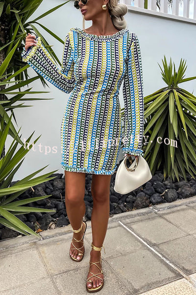 Ruffled Backless Long-sleeved Wavy Striped Beach Resort Mini Dress