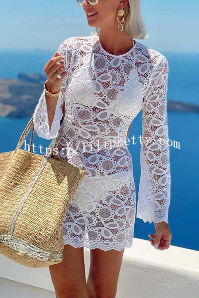 Santorini Sunset Floral Lace Long Sleeve Backless Tie-up Vacation Mini Dress