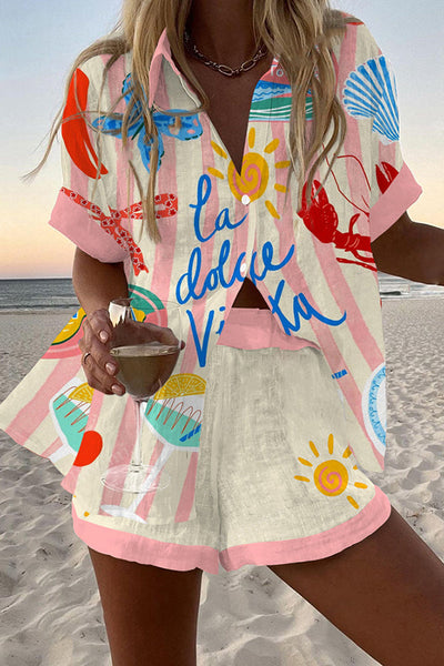 Graffiti Print Loose Button Elastic Waist Shorts Set