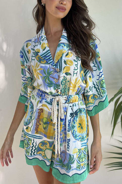 Holiday Style Unique Print Short-sleeved Casual Tie Rompers