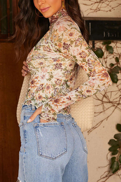 Floral Print Long-sleeved Stand-up Collar Casual Slim-fit Top