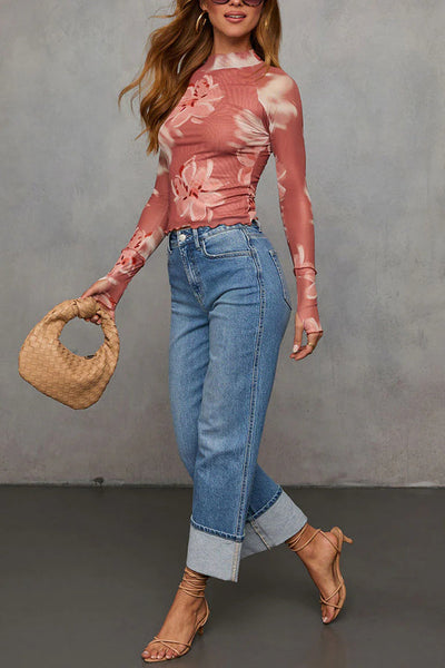 Floral Print Long-sleeved Stand-up Collar Casual Slim-fit Top