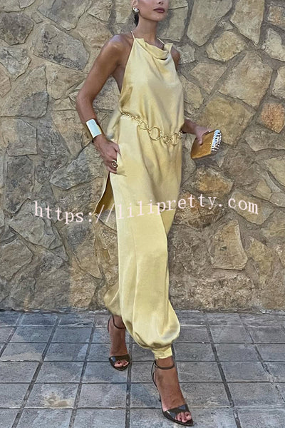 Satin Solid Pocket Loose Casual Pants