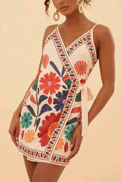 Floral Print V-Neck Suspender Lace-Up Resort Mini Dress