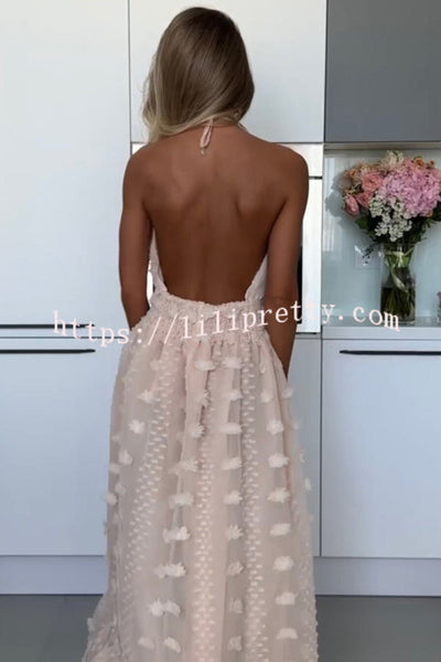 My Summer Beauty Flower Decor Elastic Waist Backless Halter Maxi Dress