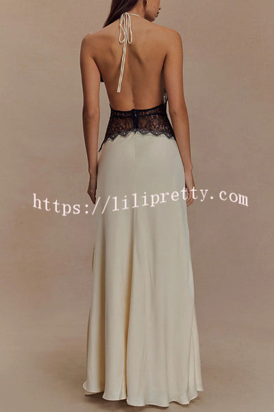 Romantic Sexy Satin Lace Waist Halter Maxi Dress