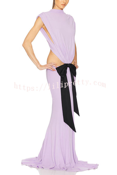 Sexy Open Back Bow Embellished Elegant Fishtail Maxi Dress