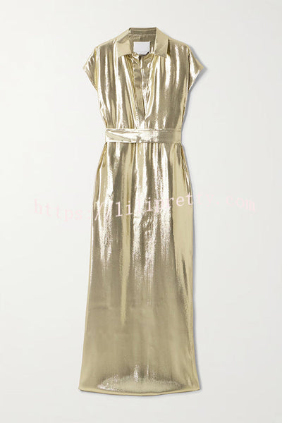 Francesca Metallic Satin-blend Button Short Sleeve Belted Shirt Maxi Dress