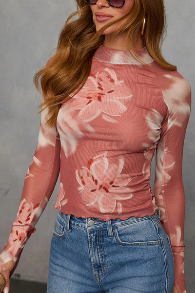 Floral Print Long-sleeved Stand-up Collar Casual Slim-fit Top