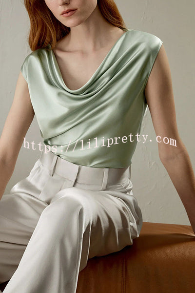 Pearly Luster Satin Cowl Neck Short Sleeve Loose Top