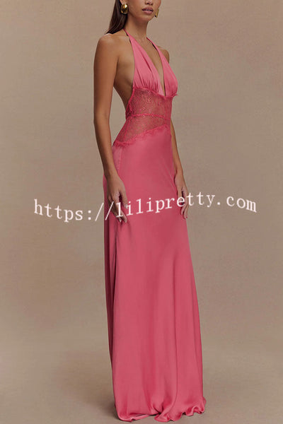 Romantic Sexy Satin Lace Waist Halter Maxi Dress