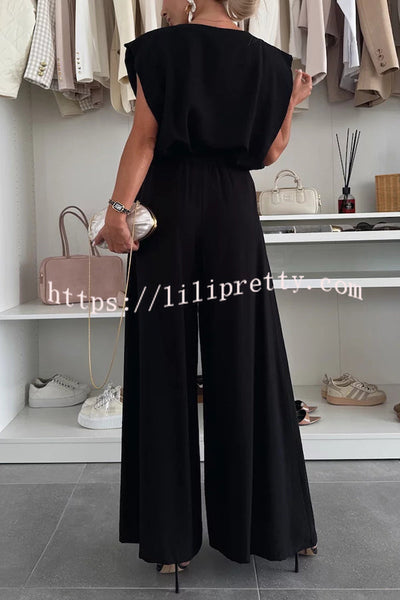 Santie Round Neck Cape Sleeve Loose Top and Elastic Waist Pocket Wide Leg Pants Set