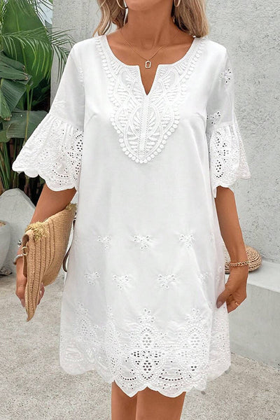 Solid Color Hollow Embroidery Casual Lace V-Neck Mini Dress