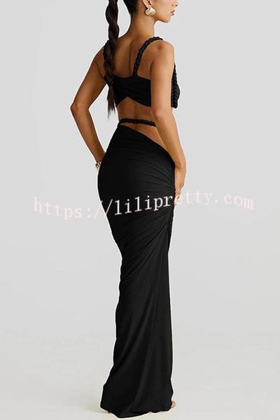 Sexy Halter Back Braided Suspender Top and Beach Holiday Style Hip-wrapped Maxi Skirt Set