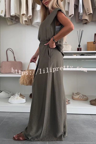 Santie Round Neck Cape Sleeve Loose Top and Elastic Waist Pocket Wide Leg Pants Set