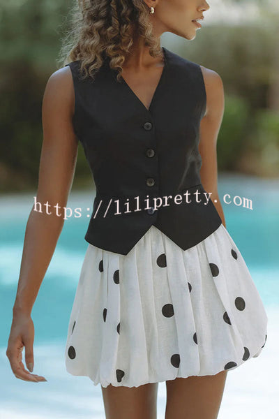 Helsee Linen Blend Polka Dot Print Elastic Waist Bubble Mini Skirt