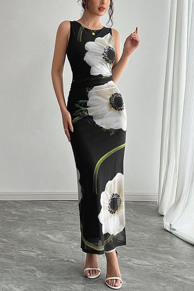 Floral Print Round Neck Sleeveless Mesh Fitted Maxi Dress