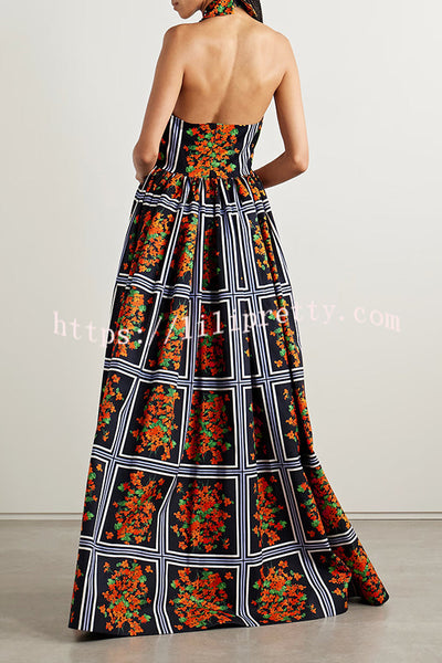 Floral Print Sexy Halter Neck Backless Elegant Maxi Dress