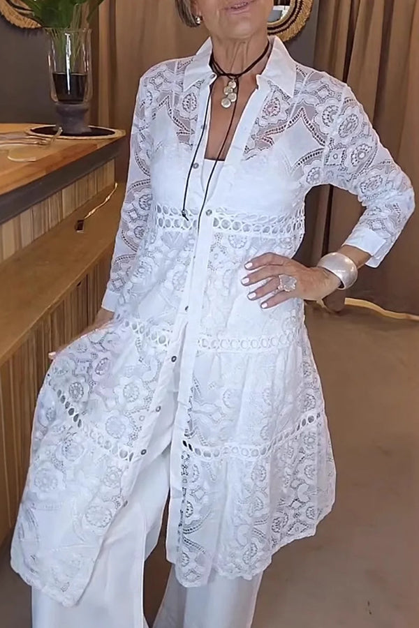 Solid Color Hollow Lace Lapel Button Long Shirt