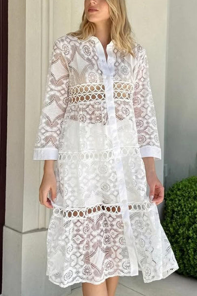 Solid Color Hollow Lace Lapel Button Long Shirt