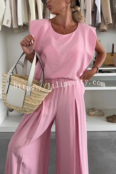 Santie Round Neck Cape Sleeve Loose Top and Elastic Waist Pocket Wide Leg Pants Set