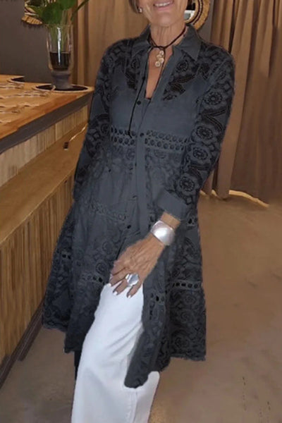 Solid Color Hollow Lace Lapel Button Long Shirt
