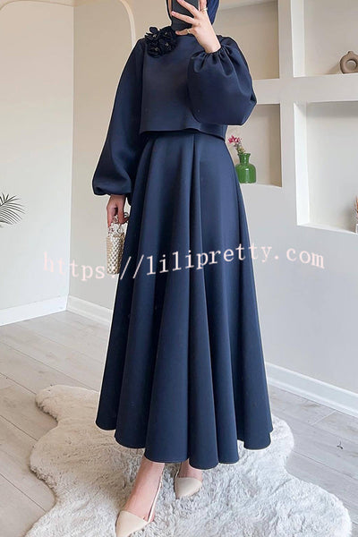 Solid Color Flower-embellished Lantern Sleeve Loose Top and Casual Maxi Skirt Set